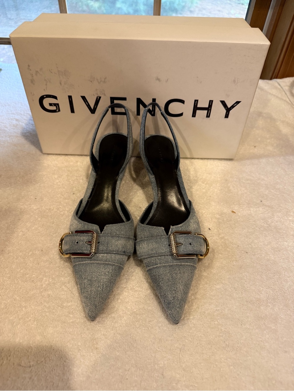 Givenchy Light Denim Pointed Toe Slingback Pumps with Gold Buckle